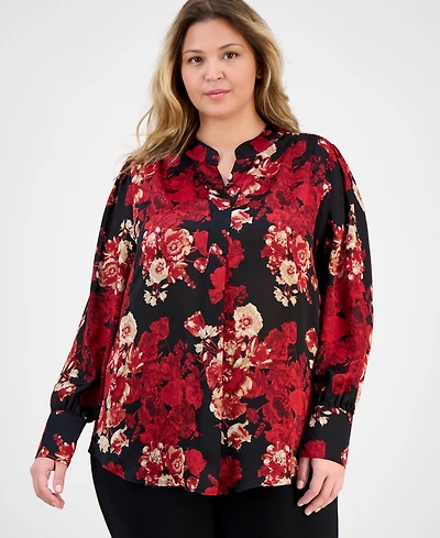 Anne Klein Plus Printed Pleat-Front Split-Neck Blouse