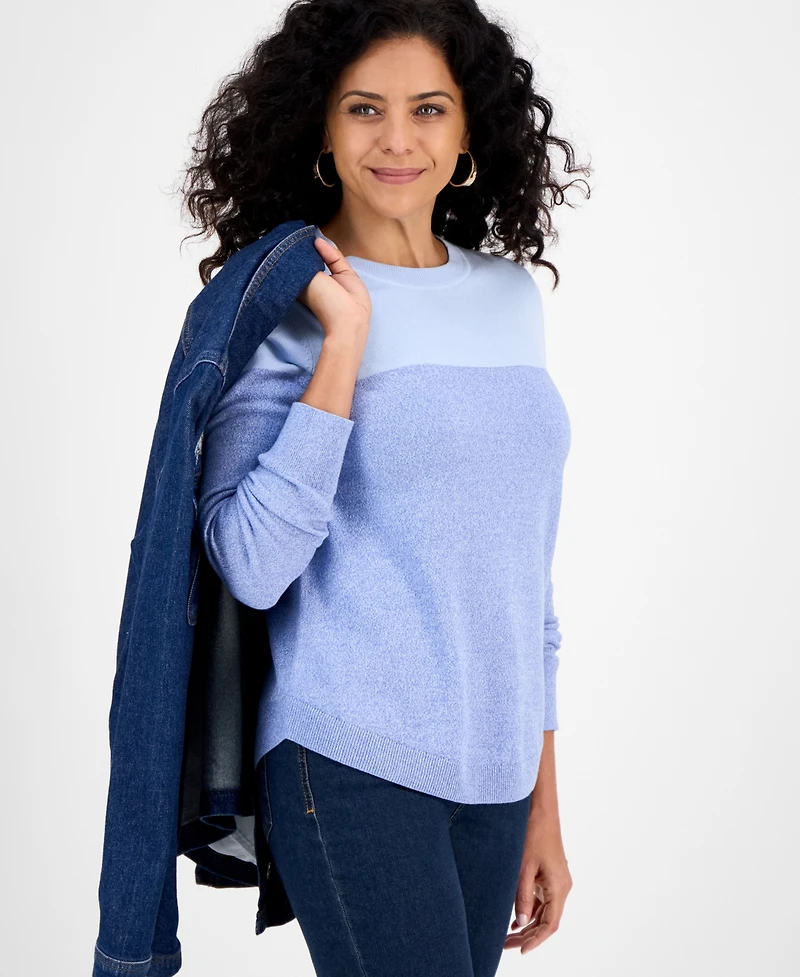 Style & Co Women's Crewneck Cotton Colorblocked Sweater, Created for Macy's