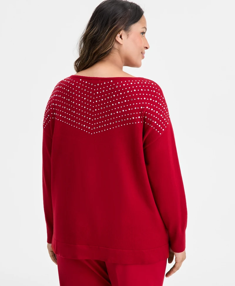 Ak Anne Klein Plus Embellished Boat-Neck Sweater