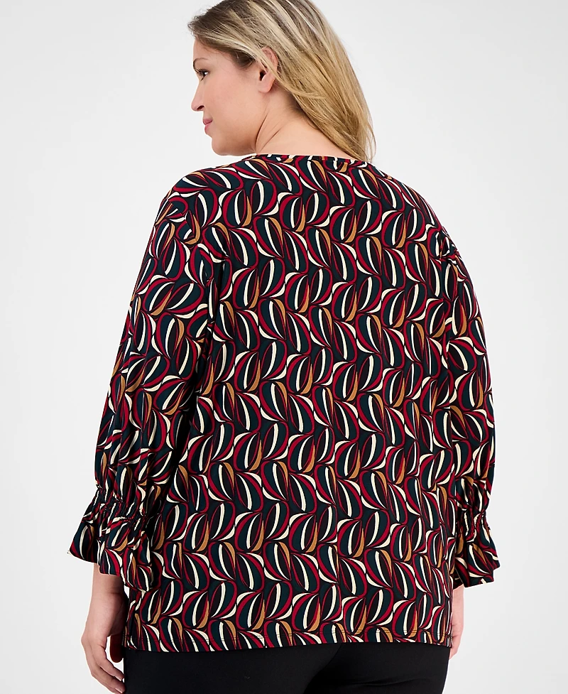 Ak Anne Klein Plus Size Printed 3/4-Sleeve Keyhole Blouse
