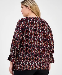 Ak Anne Klein Plus Size Printed 3/4-Sleeve Keyhole Blouse