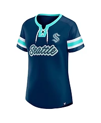 Fanatics Women's Deep Sea Blue Seattle Kraken Iconic Athena Lace-Up T-Shirt