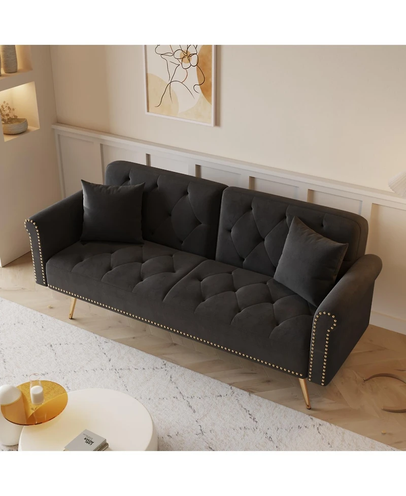 Streamdale Furniture Black Velvet Sofa Bed with Nailhead Trim & Pillow