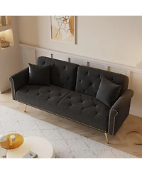 Streamdale Furniture Black Velvet Sofa Bed with Nailhead Trim & Pillow