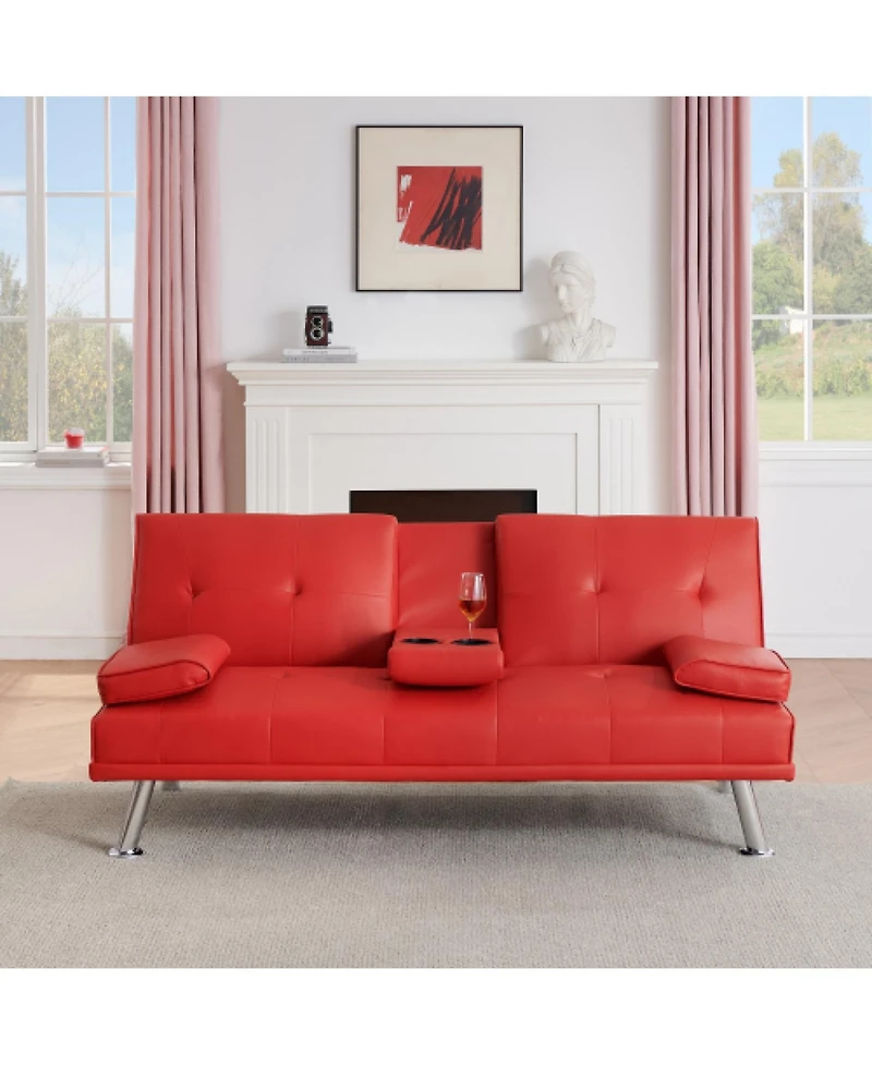 Streamdale Furniture Red Leather Double Folding Sofa Bed with Table