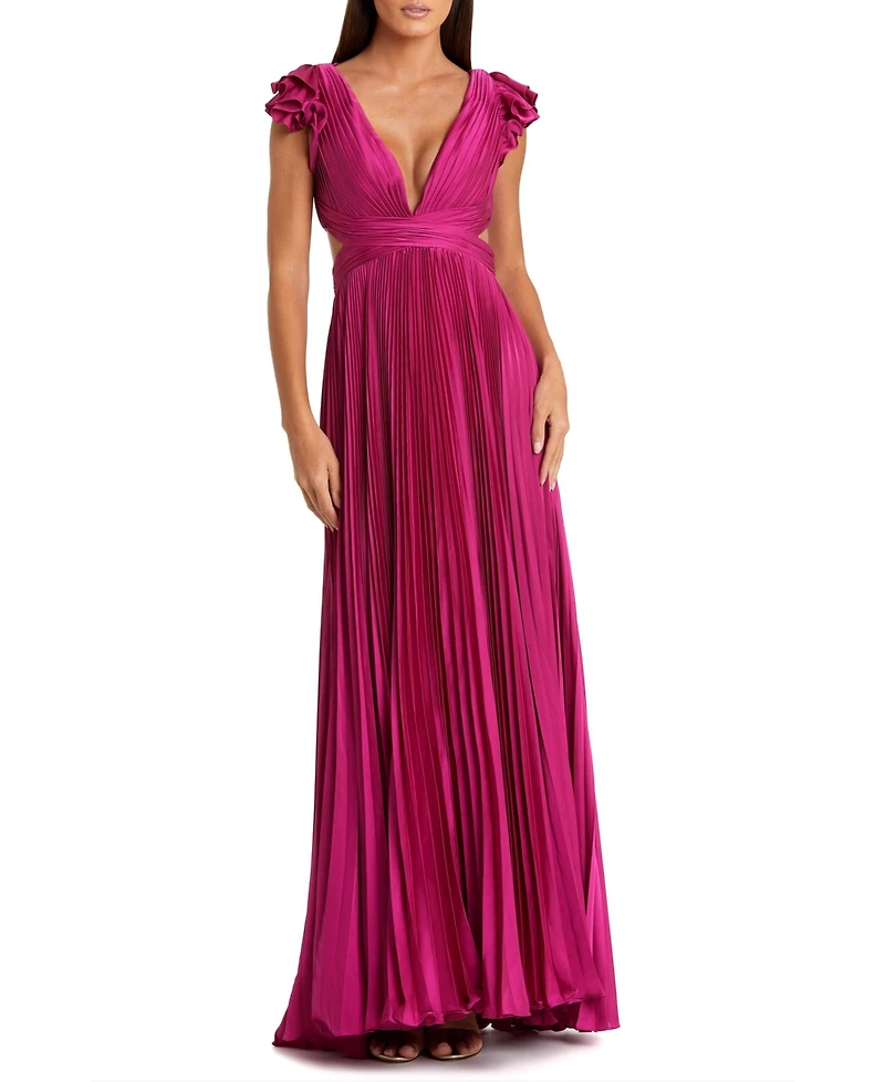 Mac Duggal Women's Ieena Pleated Ruffled Cap Sleeve Cut Out Lace Up Gown