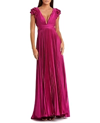 Mac Duggal Women's Ieena Pleated Ruffled Cap Sleeve Cut Out Lace Up Gown