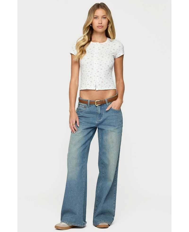 Edikted Women's Odella Floral Ribbed Button Up Top