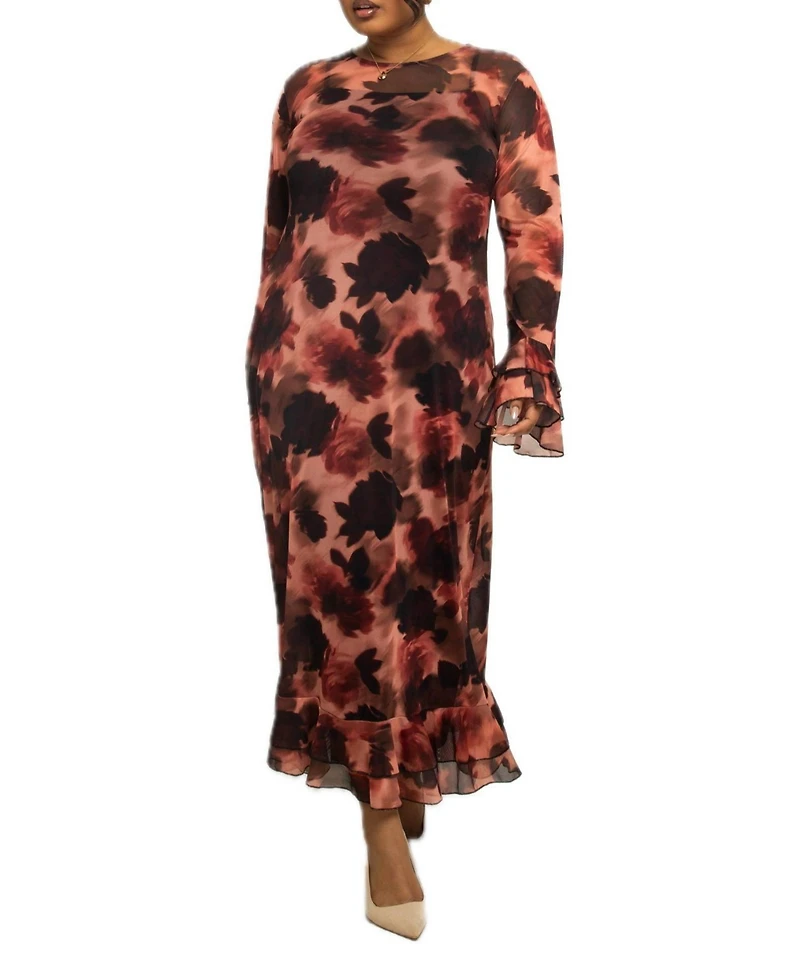 Fashion-szn Curve Women's Floral Print Mesh Maxi Dress