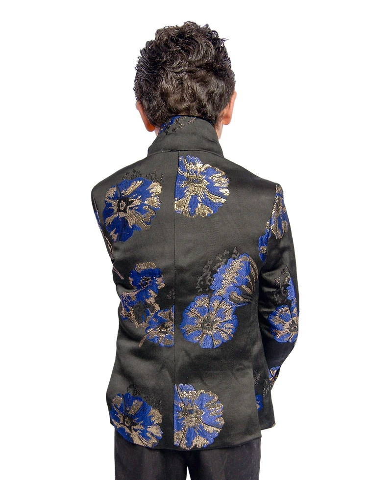 Elie Balleh Boys Black and Royal Blue Slim Fit Floral Dinner Jacket