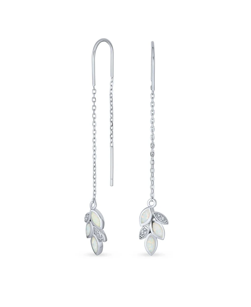 Bling Jewelry Leaf Feather White Iridescent Created Opal Inlay Long Chain Dangle Threader Earrings Sterling Silver