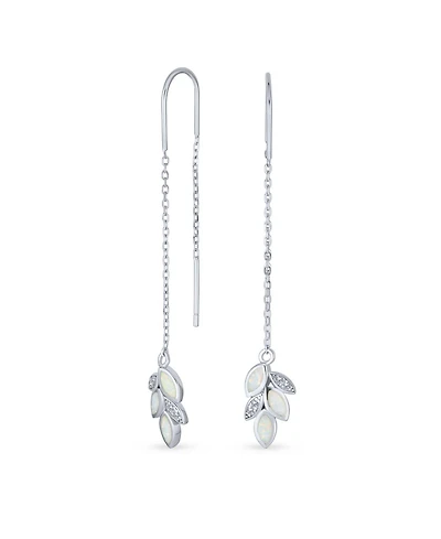 Bling Jewelry Leaf Feather White Iridescent Created Opal Inlay Long Chain Dangle Threader Earrings Sterling Silver