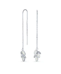 Bling Jewelry Leaf Feather White Iridescent Created Opal Inlay Long Chain Dangle Threader Earrings Sterling Silver