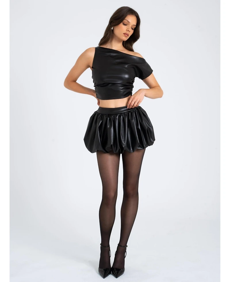 Miss Circle Women's Yuna Faux Leather Bubble Hem Skirt