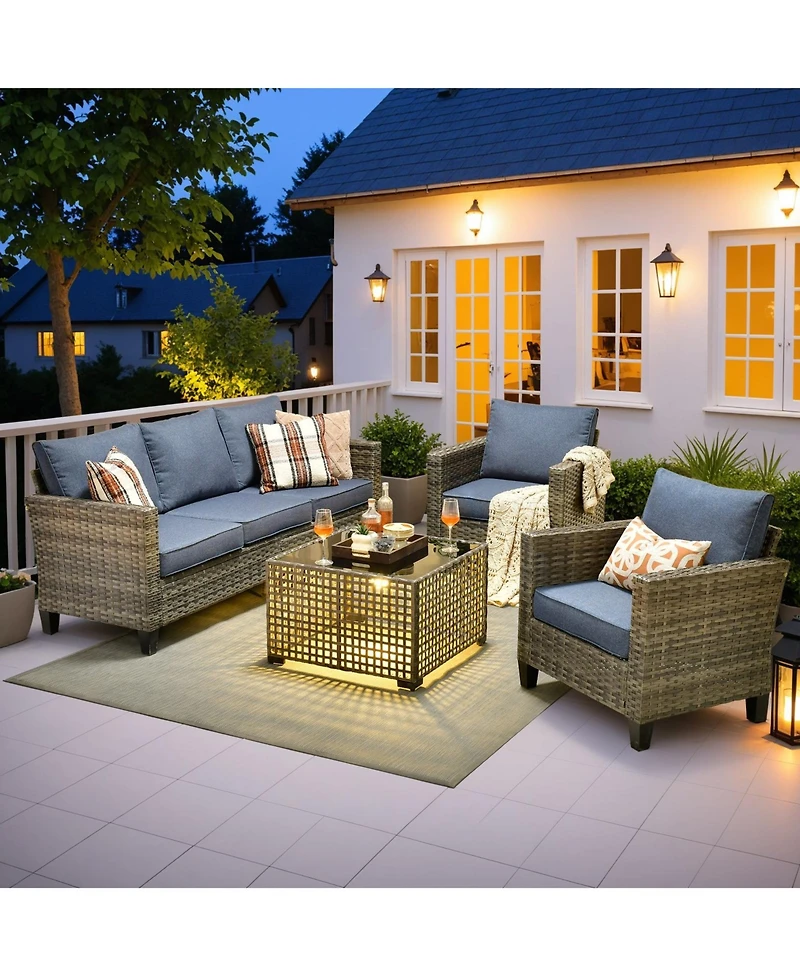 Xizzi 4 Pieces Outdoor Patio Furniture Set,Outside Conversation Set with All-Weather Wicker Sofa,Deep Seating Cushions and Solar Powered Coffee Table