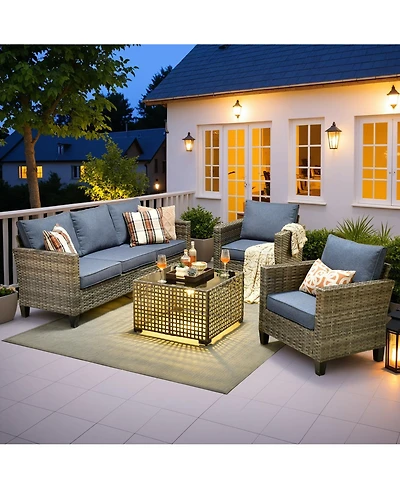 Xizzi 4 Pieces Outdoor Patio Furniture Set,Outside Conversation Set with All-Weather Wicker Sofa,Deep Seating Cushions and Solar Powered Coffee Table