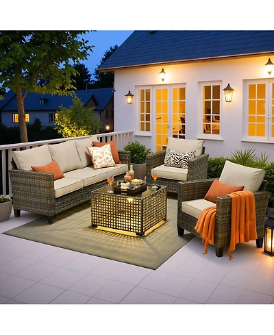 Xizzi 4 Pieces Outdoor Patio Furniture Set,Outside Conversation Set with All-Weather Wicker Sofa,Deep Seating Cushions and Solar Powered Coffee Table