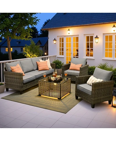Xizzi 4 Pieces Outdoor Patio Furniture Set,Outside Conversation Set with All-Weather Wicker Sofa,Deep Seating Cushions and Solar Powered Coffee Table