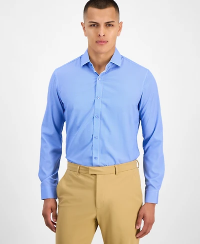 Tom Baine Men's Slim-Fit Performance Four-Way Stretch Mini Plaid Dress Shirt