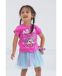 Sesame Street Baby Girls Elmo Abby Cadabby T-Shirt Tulle Skirt and Scrunchie 3 Piece Outfit Set to