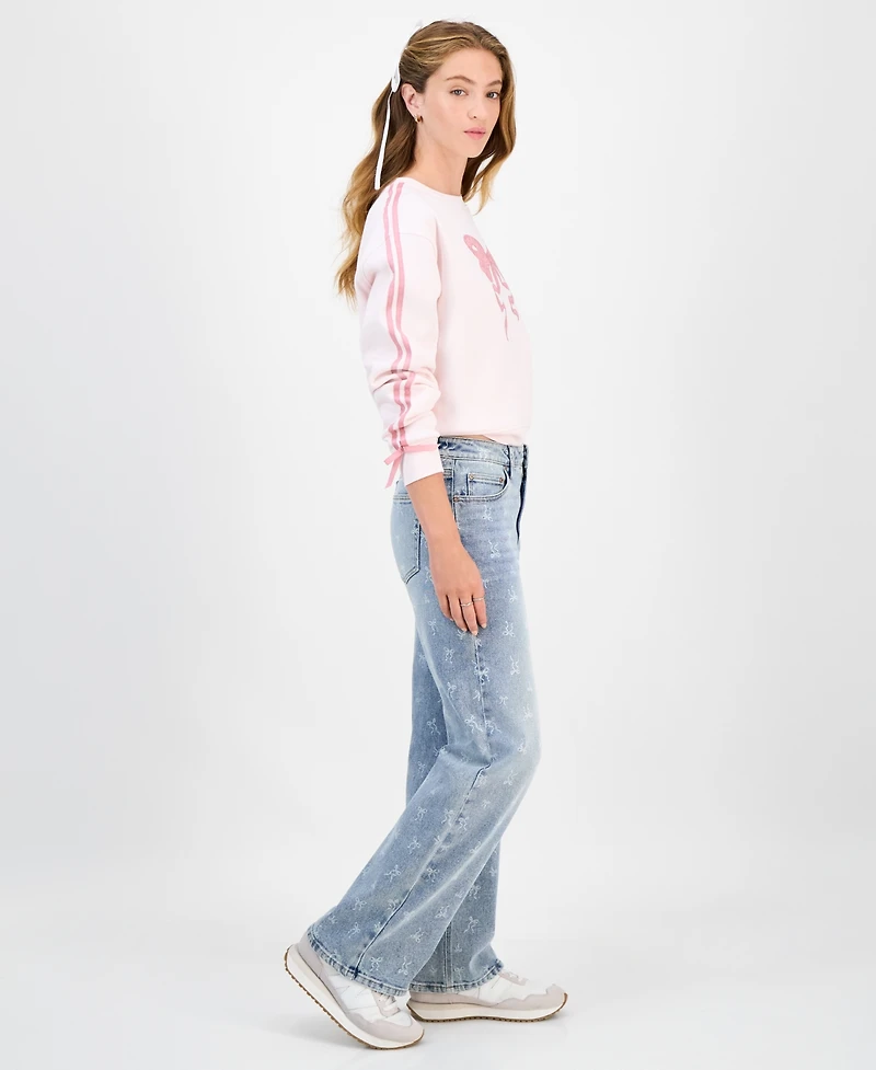 Tinseltown Juniors' Mid-Rise Bow-Print Baggy Jeans