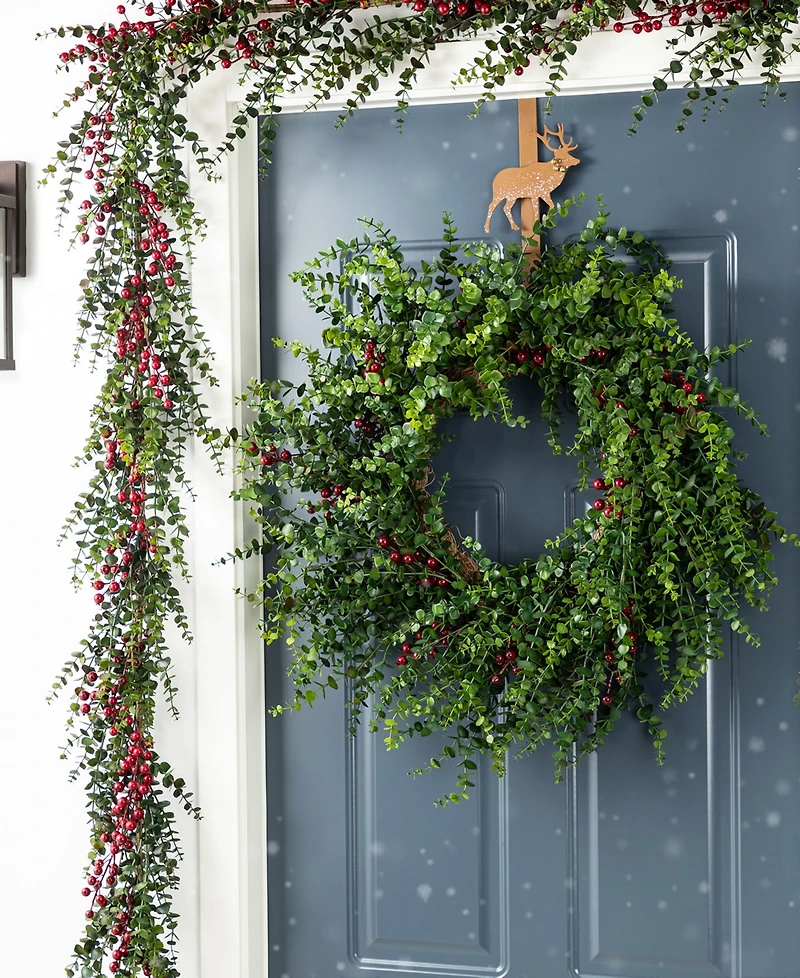 Glitzhome 6 ft Polyethylene Christmas Dripping Eucalyptus Garlands with Berries, Set of 2