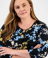 Jones New York Plus Printed Keyhole Hardware 3/4-Sleeve Top