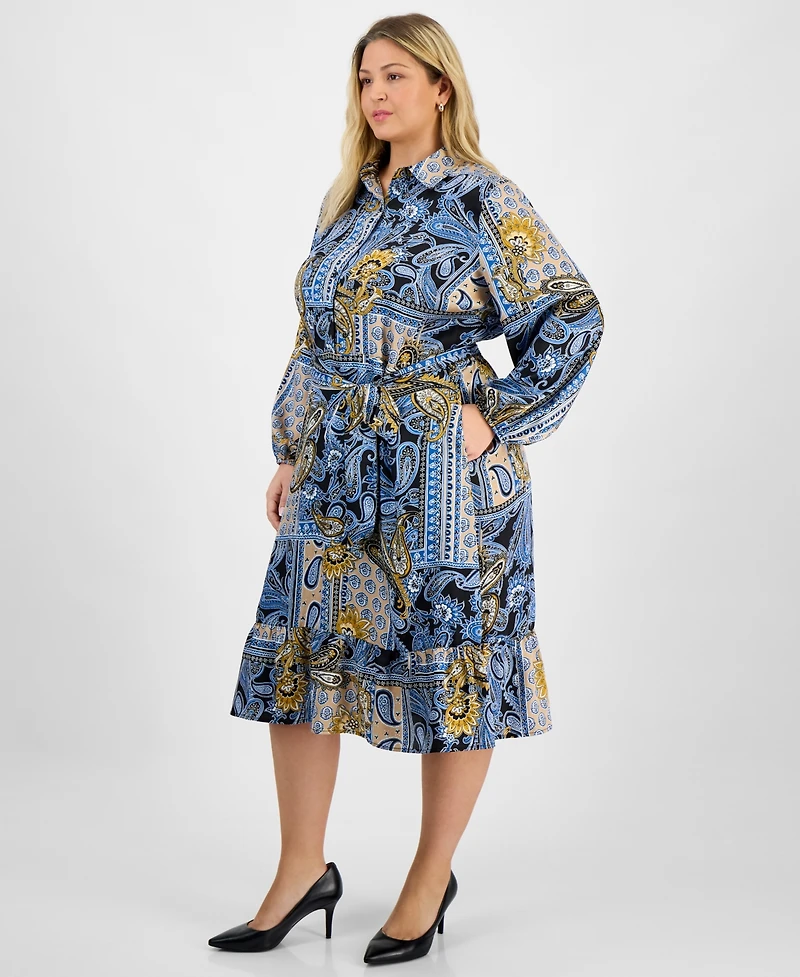 Jones New York Plus Paisley Tie-Waist Tiered Midi Dress