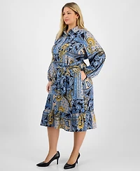 Jones New York Plus Paisley Tie-Waist Tiered Midi Dress