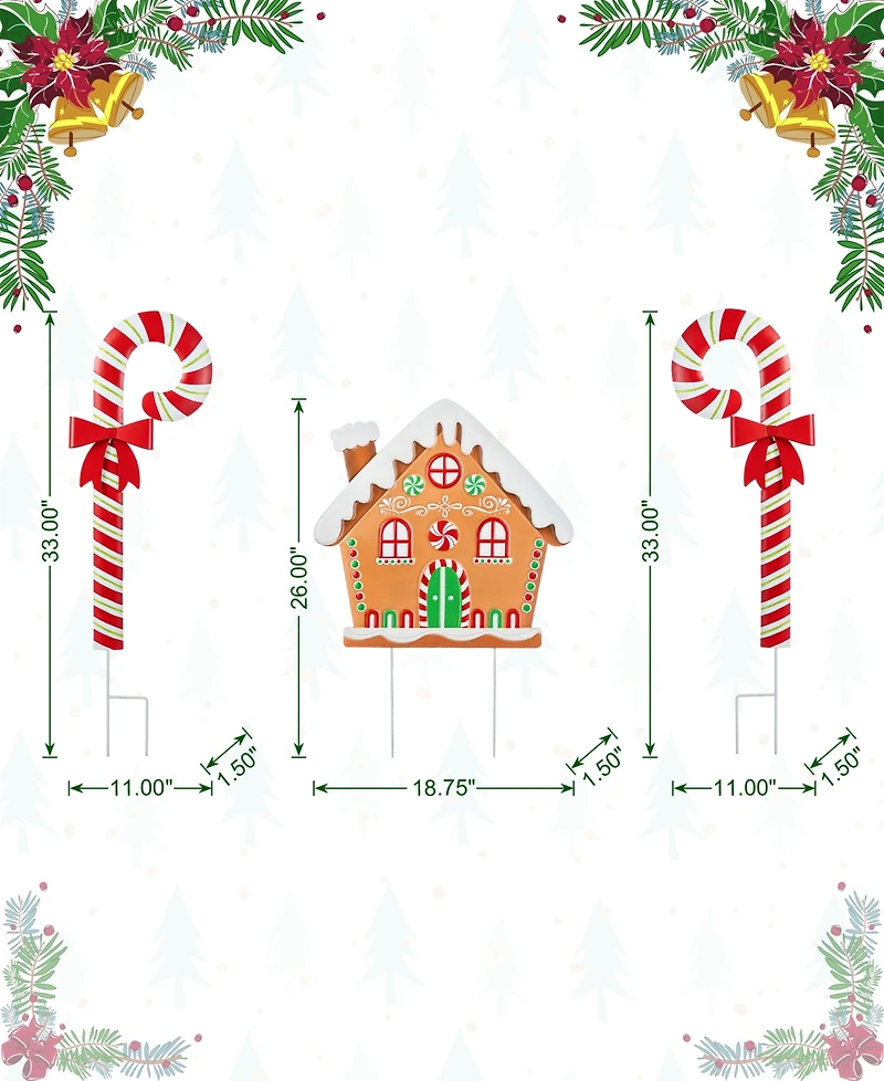 Glitzhome Metal Christmas Gingerbread House and Candy Cane Yard Stakes, Set of 3