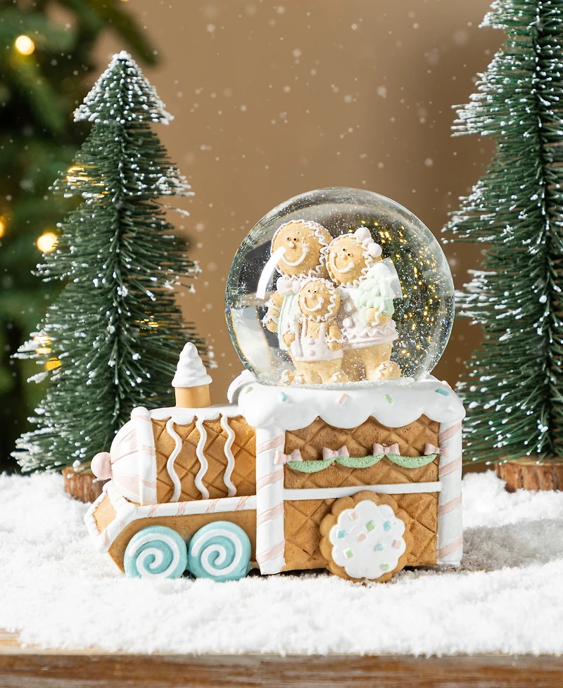Glitzhome 100mm Resin Christmas Musical Snowflakes Gingerbread Family Train Water Globe