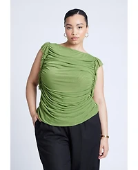 Eloquii Women's Plus Shirred Mesh Top With Shoulder Flounces