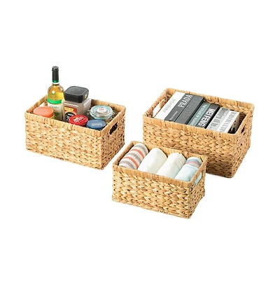 Natural Woven Water Hyacinth Wicker Rectangular Storage Bin Basket with Handles, Set of 3