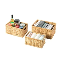 Natural Woven Water Hyacinth Wicker Rectangular Storage Bin Basket with Handles, Set of 3