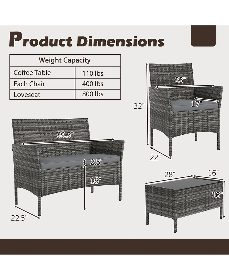 Slickblue 4-Piece Wicker Patio Set with Cushioned Seats for Outdoor Lounge or Garden