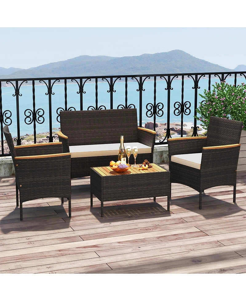 Slickblue 4-Piece Outdoor Wicker Sofa Set with Loveseat, 2 Chairs, and Coffee Table – Ideal for Patio or Garden