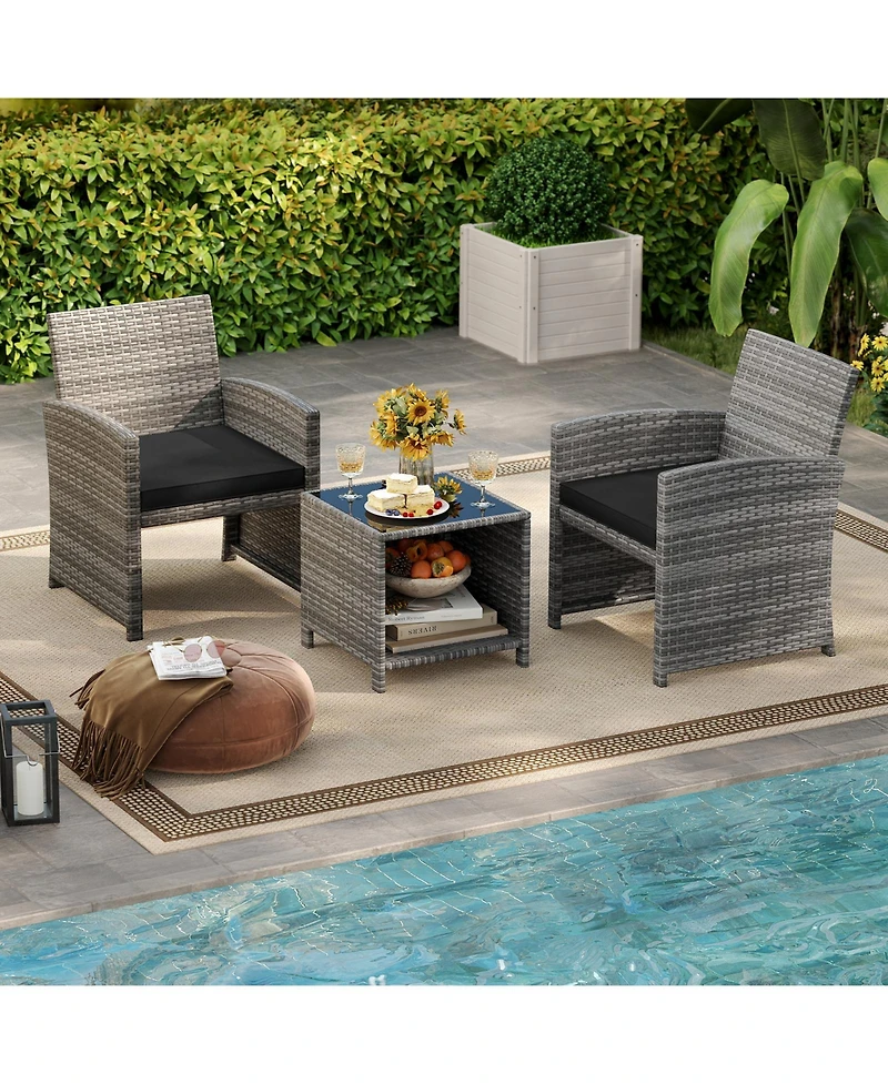 Slickblue Outdoor 3-Piece Conversation Set with 2 Padded Chairs and Glass-Top Coffee Table for Patio or Deck