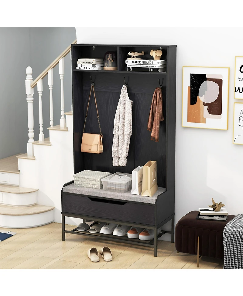 Slickblue Tall Coat Rack Hall Tree with Padded Seat and Shoe Storage – All-in-One Entryway Organizer