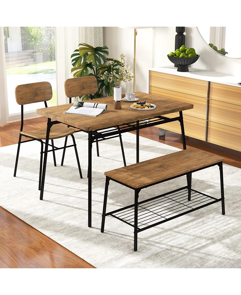 Slickblue Modern 4-Piece Metal Frame Dining Set with Table, Bench, and 2 Chairs – Ideal for Compact Dining Spaces