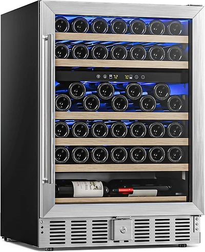Cowsar 5.0 Cu. Ft. 39-64°F Dual Zone Beverage Cooler Refrigerator, Hold 150 Cans, Glass Door, Built in Wine Fridge with Wooden Shelves, Lockable