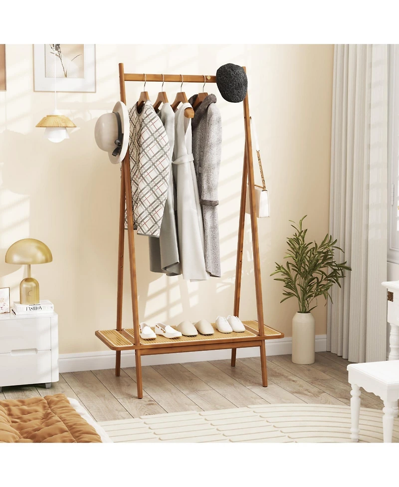 Slickblue Modern Clothes Rack for Entryway with Sturdy Hanging Rod, Decorative Rattan Shelf, and Elegant Copper Hooks