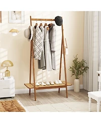 Slickblue Modern Clothes Rack for Entryway with Sturdy Hanging Rod, Decorative Rattan Shelf, and Elegant Copper Hooks