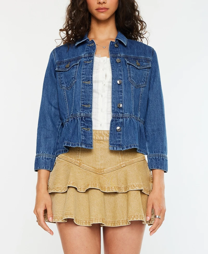 Kancan Women's Classic Fit Peplum Denim Collared Jacket