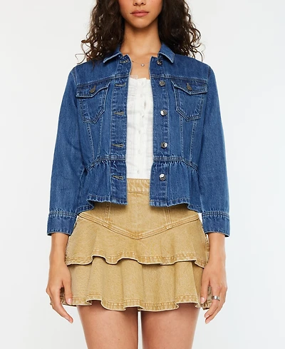 Kancan Women's Classic Fit Peplum Denim Collared Jacket