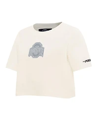Pro Standard Women's Cream Ohio State Buckeyes Reverse French Terry Boxy Cropped T-Shirt