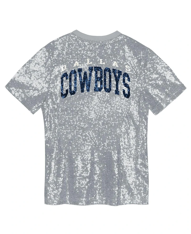 Outerstuff Big Girls Silver Dallas Cowboys Wordmark Sequin V-Neck Top