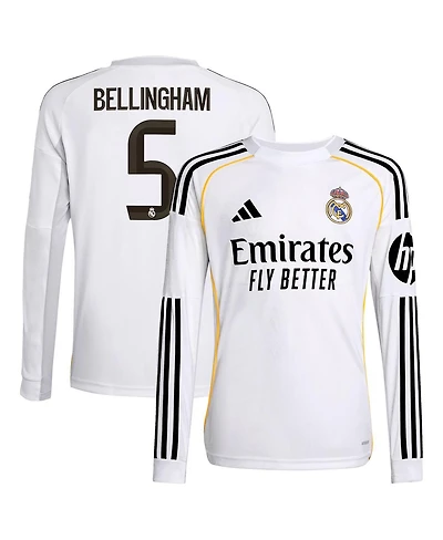 Adidas Big Boys and Girls Jude Bellingham White Real Madrid 2025/26 Home Replica Long Sleeve Jersey