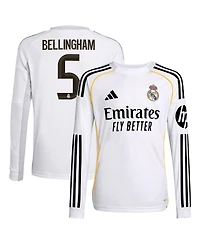 Adidas Big Boys and Girls Jude Bellingham White Real Madrid 2025/26 Home Replica Long Sleeve Jersey
