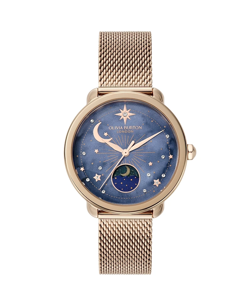 Olivia Burton Women's Moonphase Rose Gold Tone Stainless Steel Mesh Bracelet Watch, 34mm