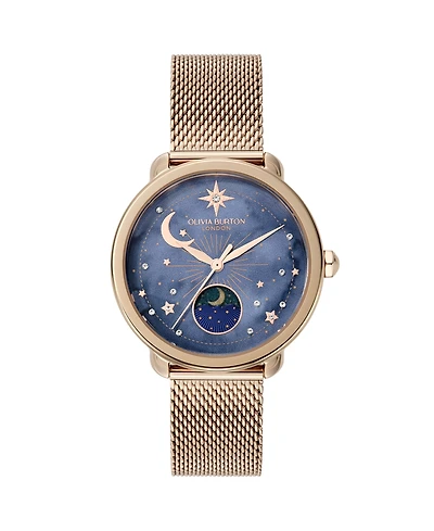 Olivia Burton Women's Moonphase Rose Gold Tone Stainless Steel Mesh Bracelet Watch, 34mm